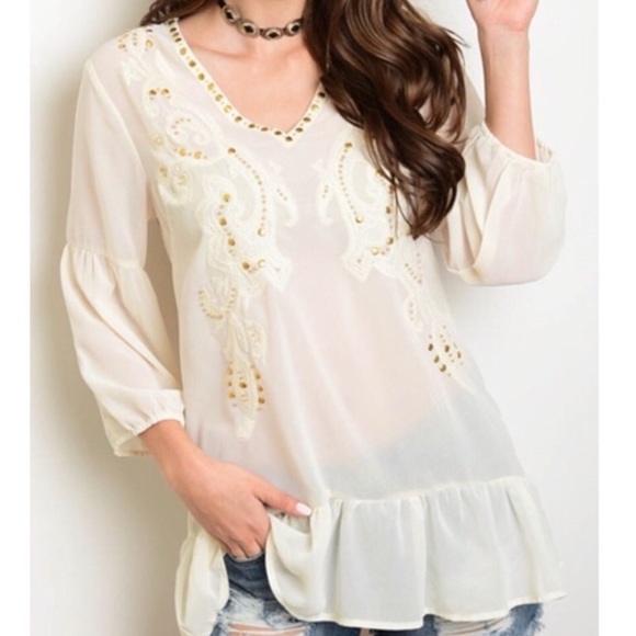 Tops - KAILANI Stud Embellished Semi Sheer Blouse